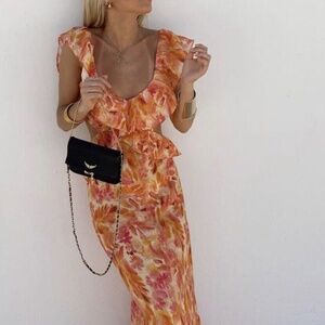 Zara Linen Ruffle Floral Midi Dress